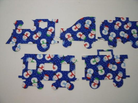 Christmas Train Set of 5 cars Laser Cut Appliques (Size: with FUSIBLE - 4"H, Color: Blue Snowmen, Direction: Facing left)