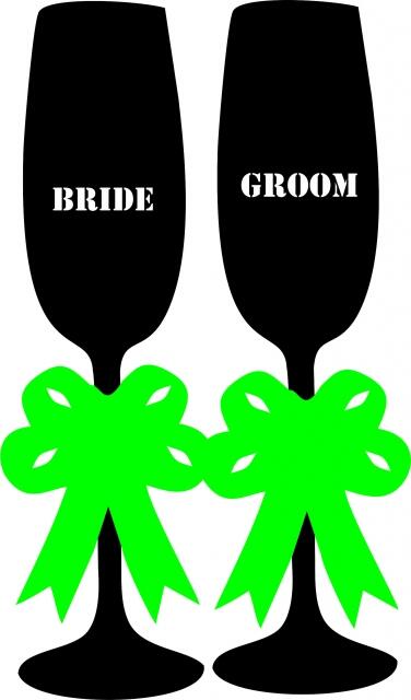 Bride & Groom Wine Glass Set Appliques (Size: with FUSIBLE - 8"H , Color: Green Bow)