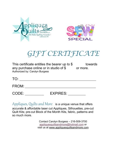 Gift Certificates  (Occasion: Sew Special, Amount: Gift Certificate - $5.00)