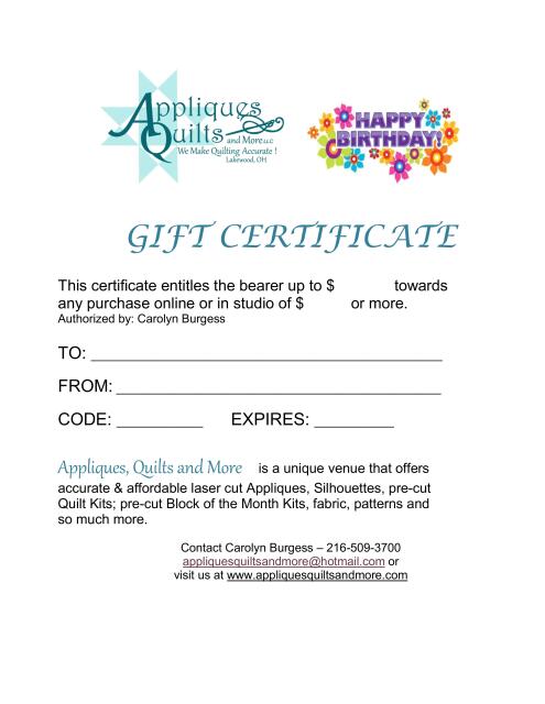 Gift Certificates  (Occasion: Happy Birthday, Amount: Gift Certificate - $50.00)