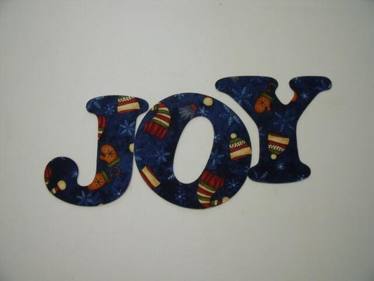 Christmas JOY Letters Laser Cut Appliques (Size: 4"H, Color: Blue Hats & Mittens)