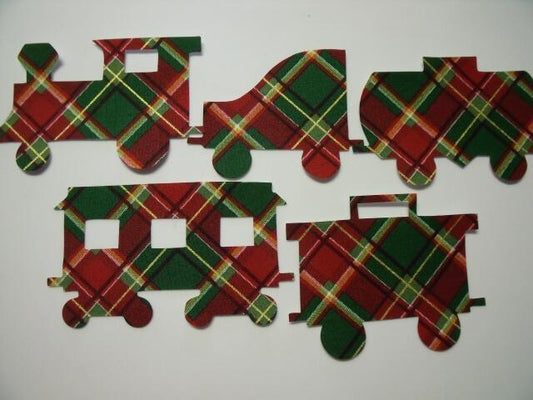 Christmas Train Set of 5 cars Laser Cut Appliques (Size: 4"H, Color: Red & Green Plaid, Direction: Facing left)