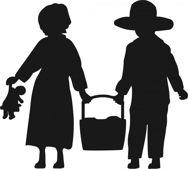 Amish Children w/Basket SilhouetteLaser Cut Appliques (Size: 8"W, Color: Black )