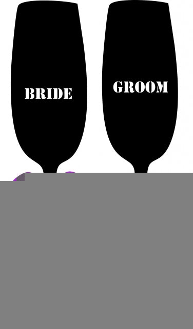 Bride & Groom Wine Glass Set Appliques (Size: 9"H, Color: Purple Bow)