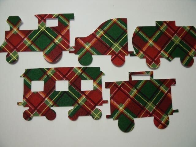 Christmas Train Set of 5 cars Laser Cut Appliques (Size: with FUSIBLE - 5"H, Color: Red & Green Plaid, Direction: Facing right)