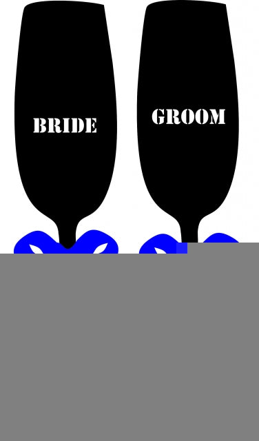 Bride & Groom Wine Glass Set Appliques (Size: 10"H, Color: Blue Bow)